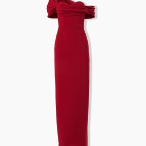 Vestido longo reto com drapeado e ombros caídos