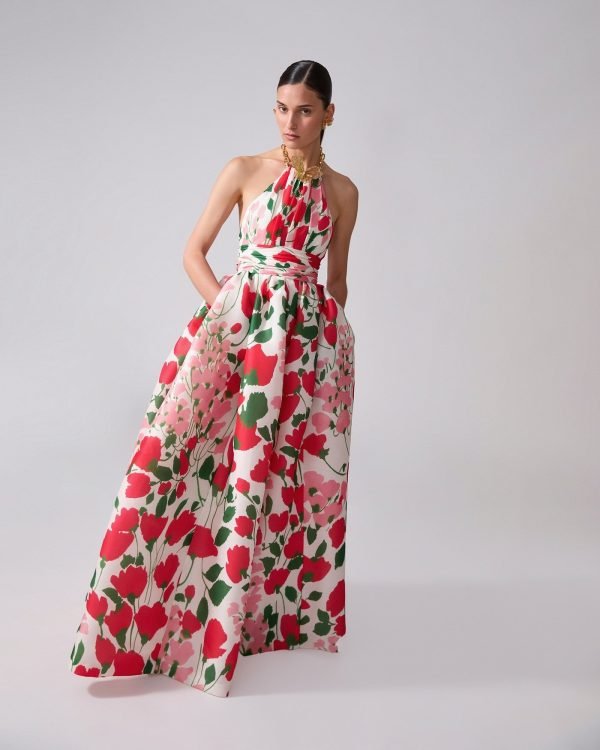 Vestido longo frente única com estampa floral e alça de corrente - Imagem 4