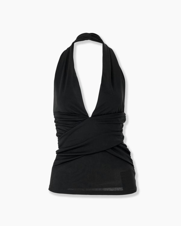 Blusa de gola alta franzida em jérsei