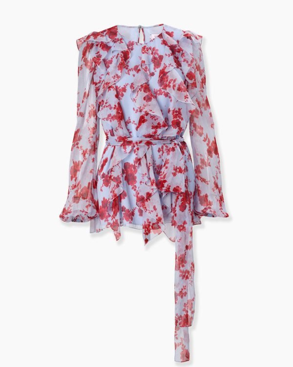 Blusa em chiffon e estampa floral com faixa