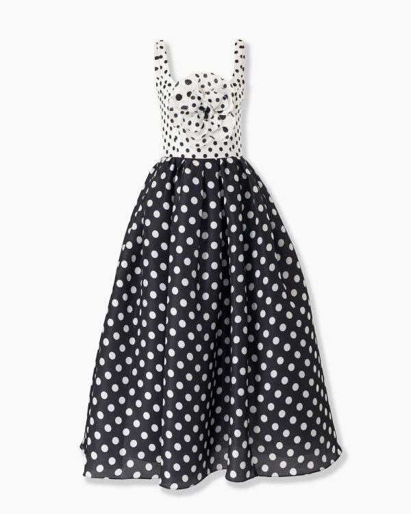 Vestido mídi de poá com rosa