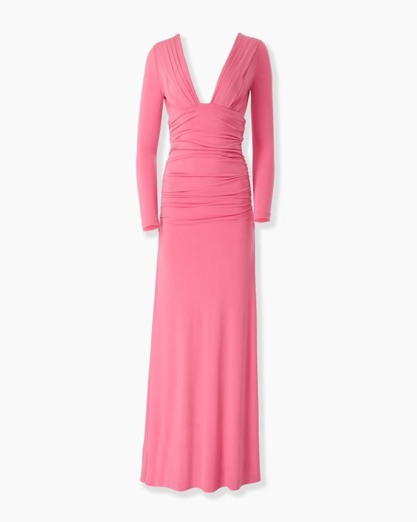 Vestido longo em jérsei franzido com decote em V