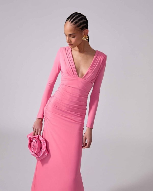 Vestido longo em jérsei franzido com decote em V - Imagem 4