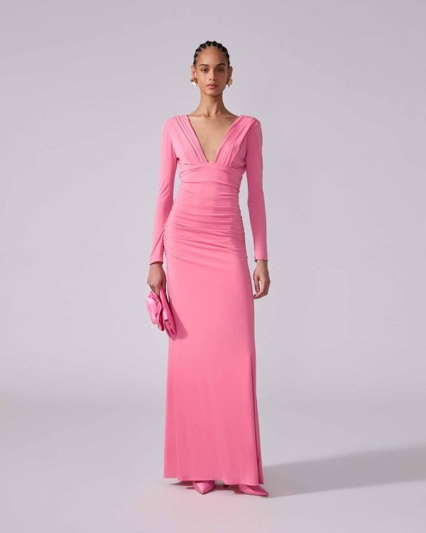 Vestido longo em jérsei franzido com decote em V - Imagem 2