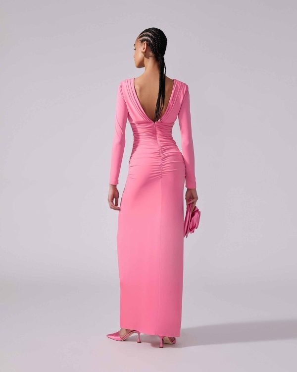 Vestido longo em jérsei franzido com decote em V - Imagem 3