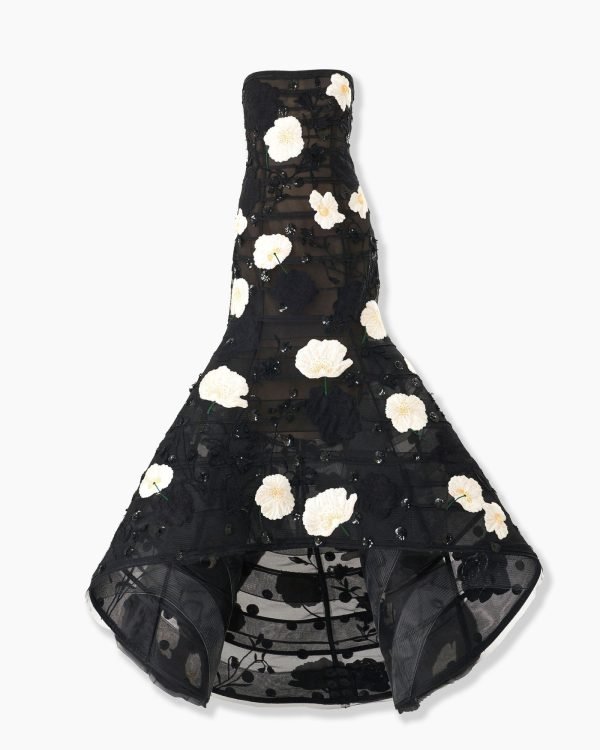 Vestido trompete assimétrico bordado