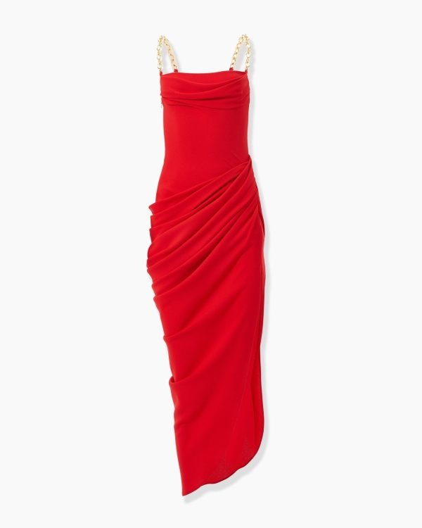 Vestido mídi drapeado com alça de corrente
