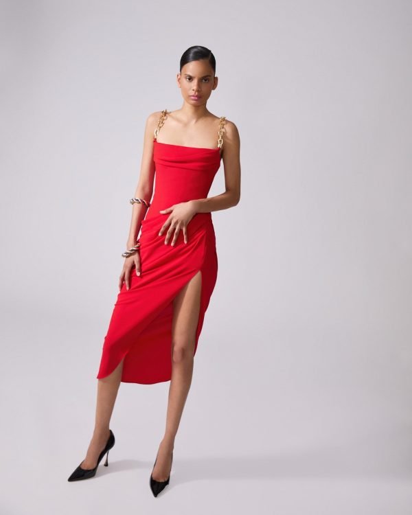 Vestido mídi drapeado com alça de corrente - Imagem 4