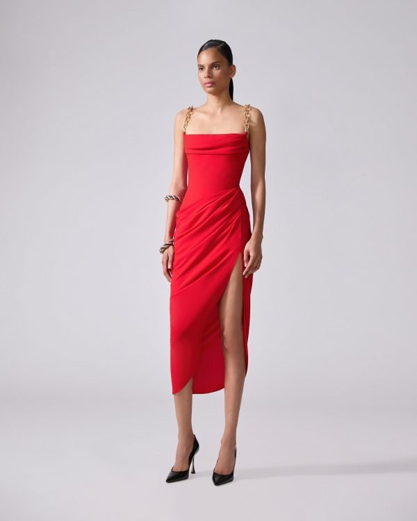 Vestido mídi drapeado com alça de corrente - Imagem 2