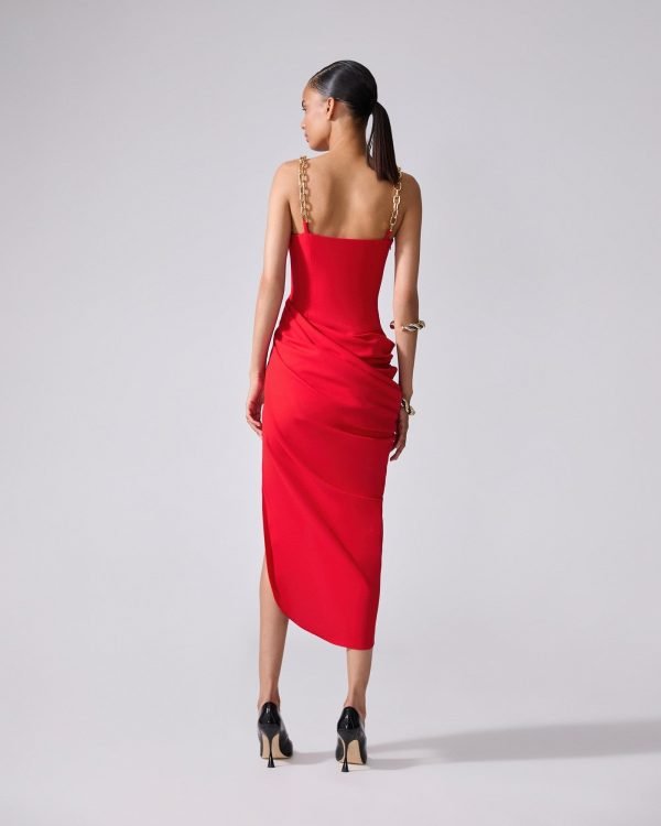 Vestido mídi drapeado com alça de corrente - Imagem 3