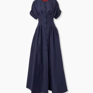 Vestido longo com abotoamento frontal e mangas dobradas