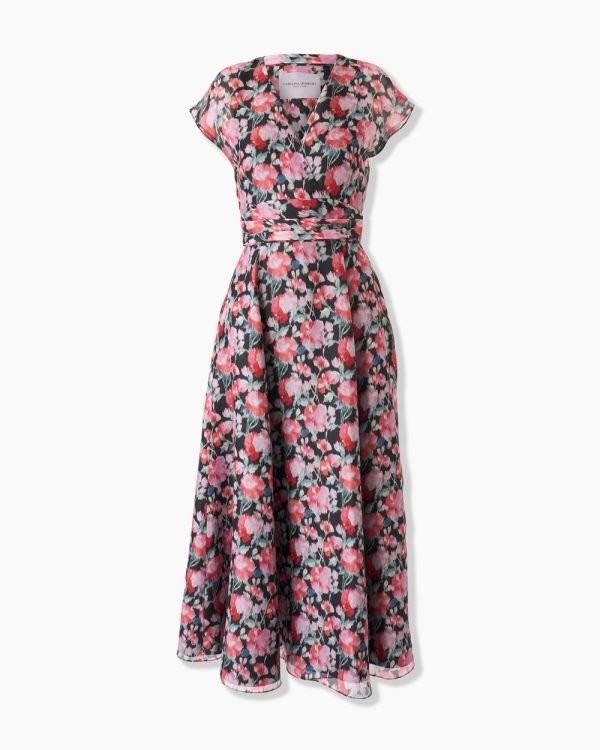 Vestido mídi com estampa de peônias