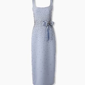 Vestido mídi bordado com cristais e laço